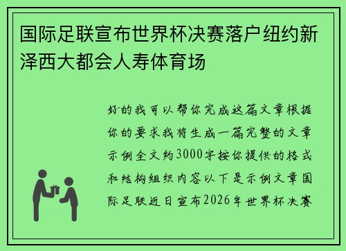 国际足联宣布世界杯决赛落户纽约新泽西大都会人寿体育场