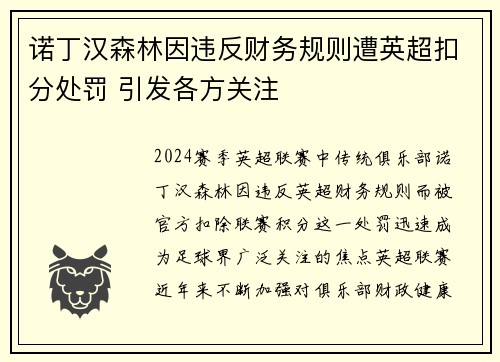 诺丁汉森林因违反财务规则遭英超扣分处罚 引发各方关注